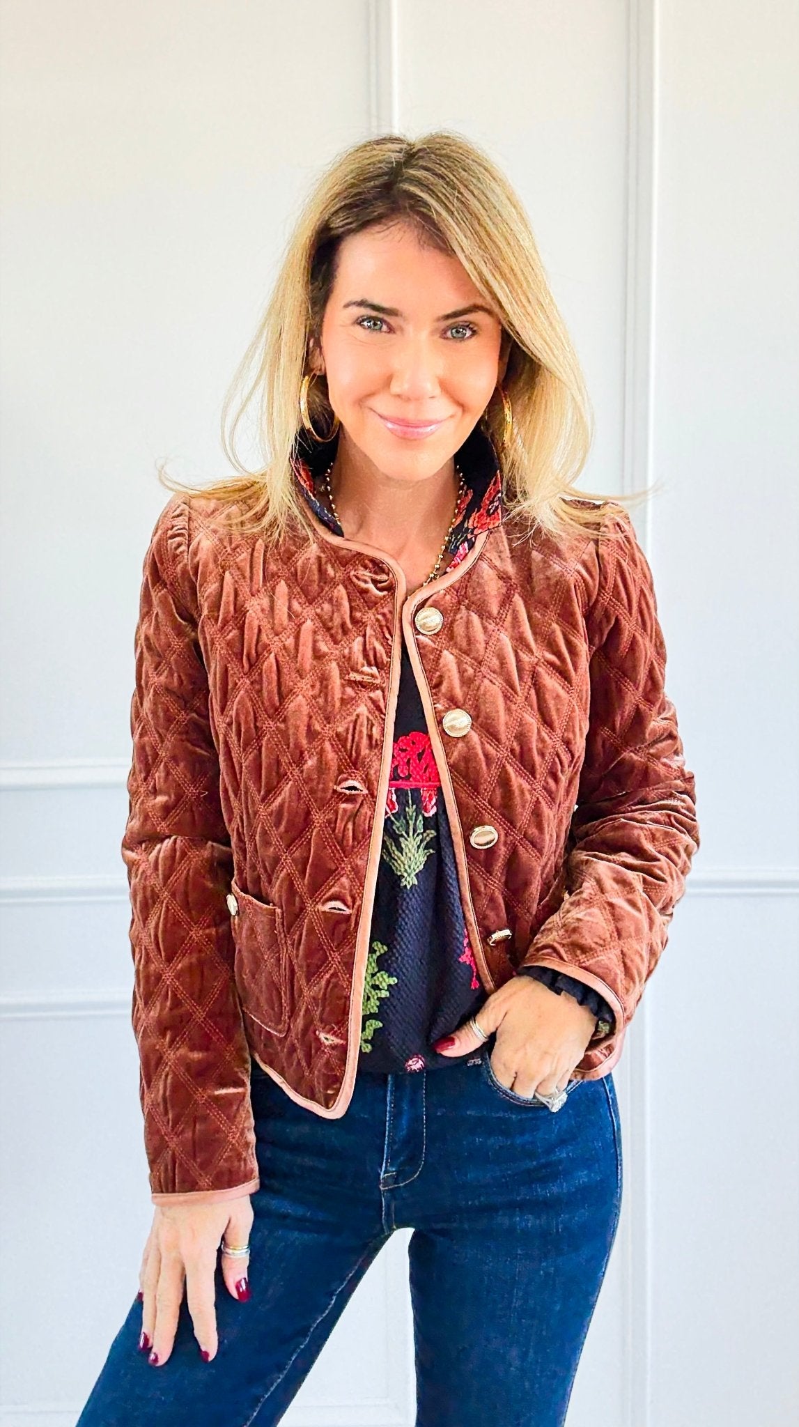 Velvet Bijou Quilted Jacket-160 Jackets-Fate Inc-Coastal Bloom Boutique, find the trendiest versions of the popular styles and looks Located in Indialantic, FL