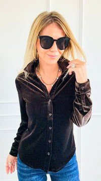 Velvet Crush Button Down Top - Brown-130 Long Sleeve Tops-Must Have-Coastal Bloom Boutique, find the trendiest versions of the popular styles and looks Located in Indialantic, FL