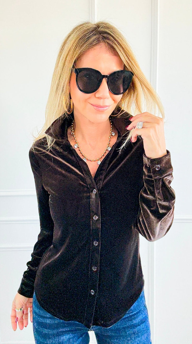 Velvet Crush Button Down Top - Brown-130 Long Sleeve Tops-Must Have-Coastal Bloom Boutique, find the trendiest versions of the popular styles and looks Located in Indialantic, FL