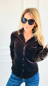 Velvet Crush Button Down Top - Brown-130 Long Sleeve Tops-Must Have-Coastal Bloom Boutique, find the trendiest versions of the popular styles and looks Located in Indialantic, FL