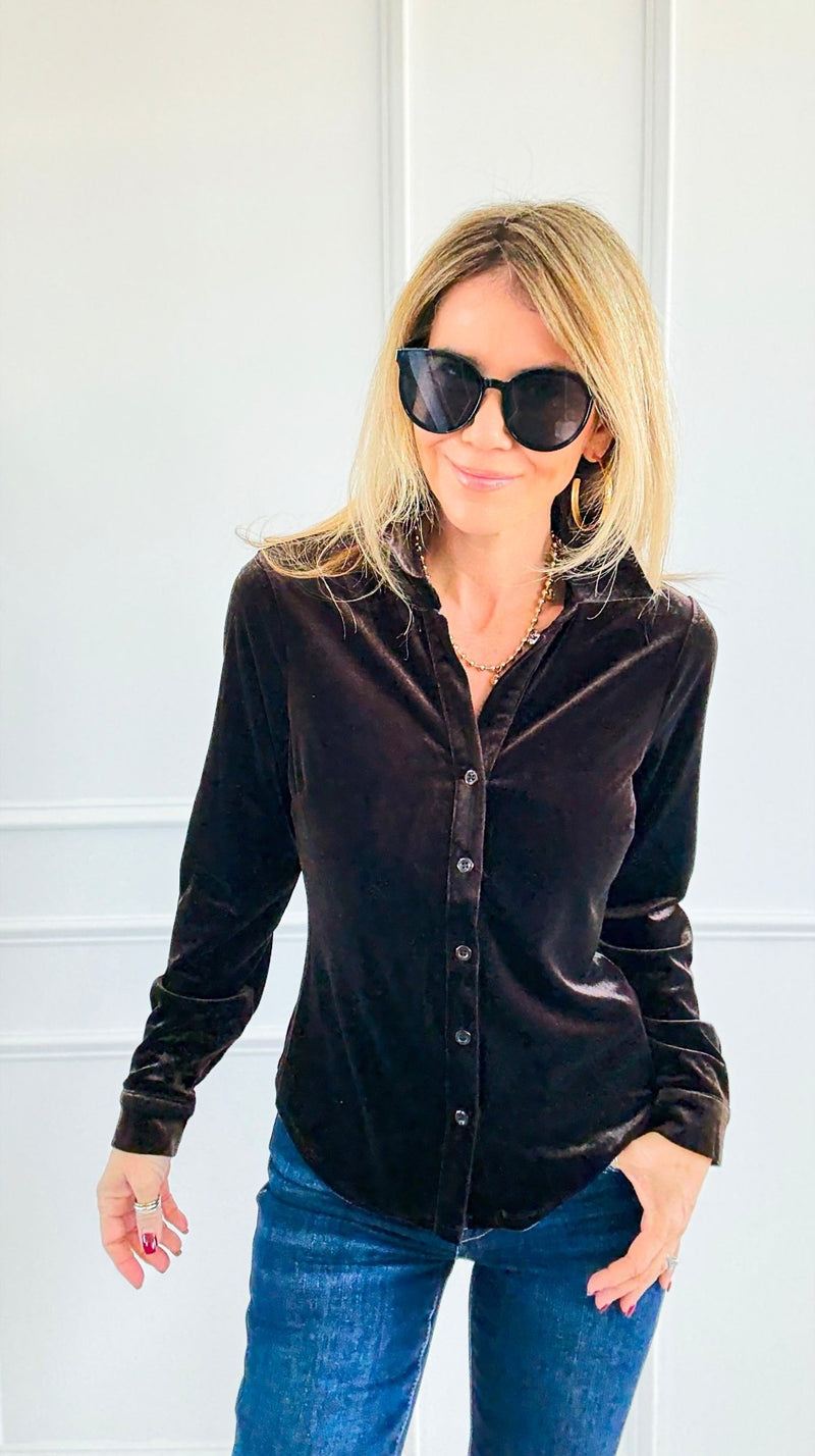 Velvet Crush Button Down Top - Brown-130 Long Sleeve Tops-Must Have-Coastal Bloom Boutique, find the trendiest versions of the popular styles and looks Located in Indialantic, FL
