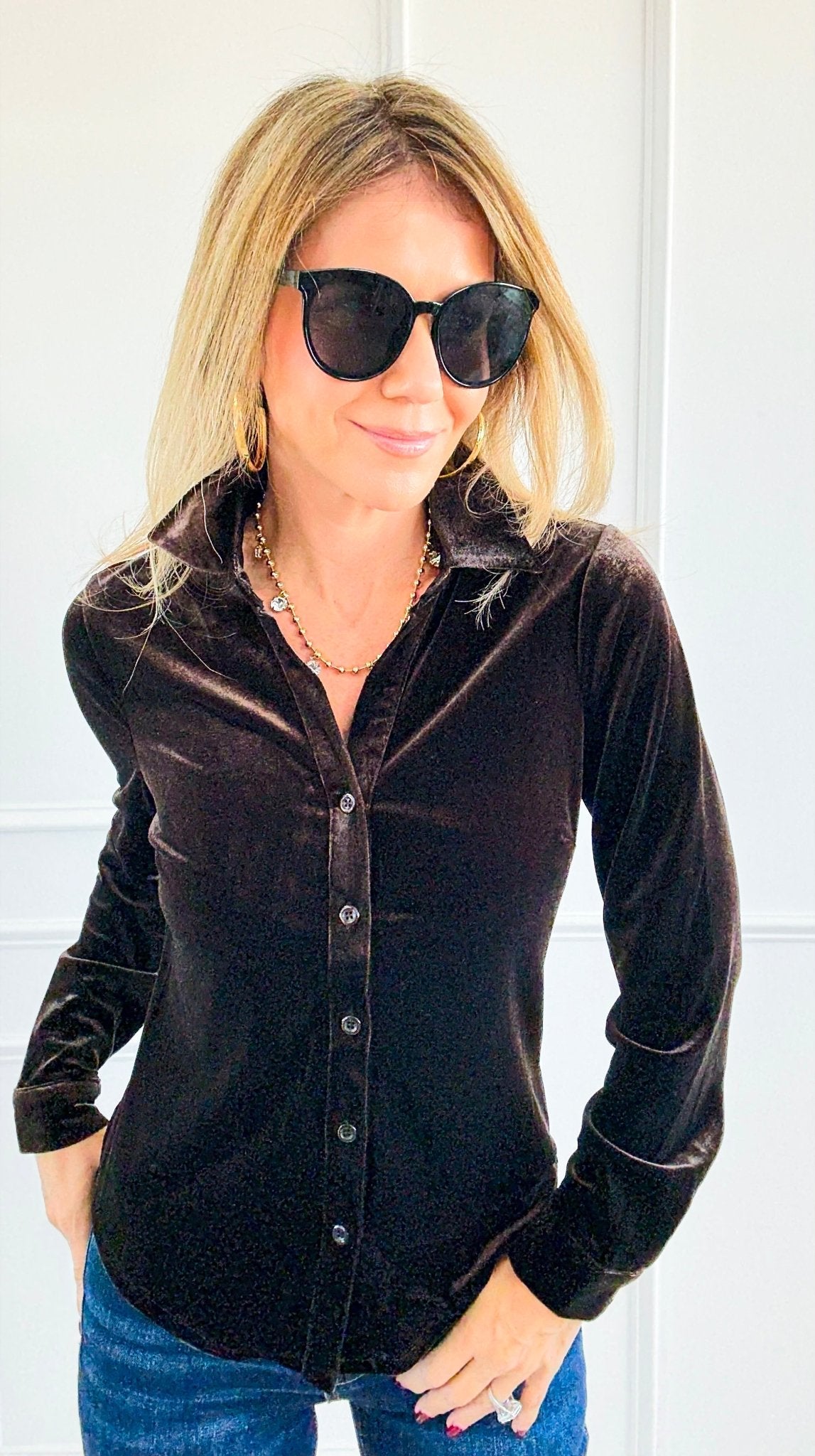 Velvet Crush Button Down Top - Brown-130 Long Sleeve Tops-Must Have-Coastal Bloom Boutique, find the trendiest versions of the popular styles and looks Located in Indialantic, FL