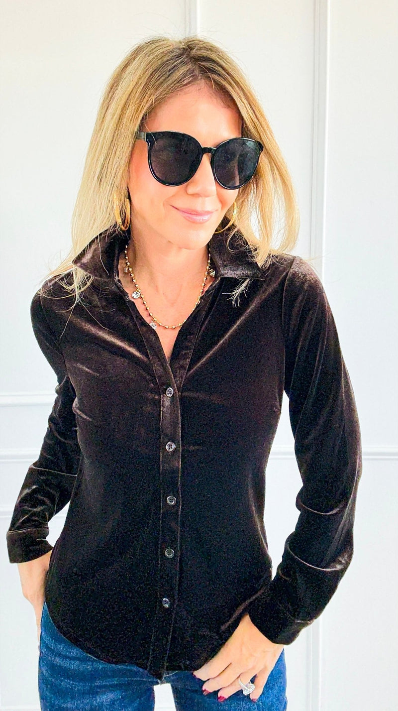 Velvet Crush Button Down Top - Brown-130 Long Sleeve Tops-Must Have-Coastal Bloom Boutique, find the trendiest versions of the popular styles and looks Located in Indialantic, FL