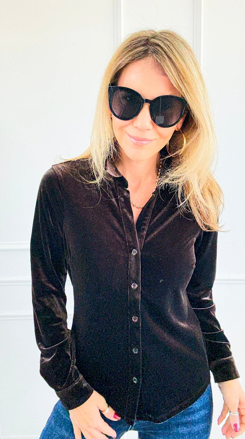 Velvet Crush Button Down Top - Brown-130 Long Sleeve Tops-Must Have-Coastal Bloom Boutique, find the trendiest versions of the popular styles and looks Located in Indialantic, FL