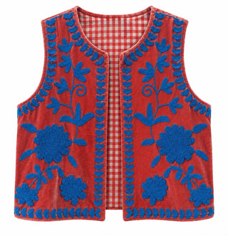 Velvet Gingham Embroidered Floral Vest