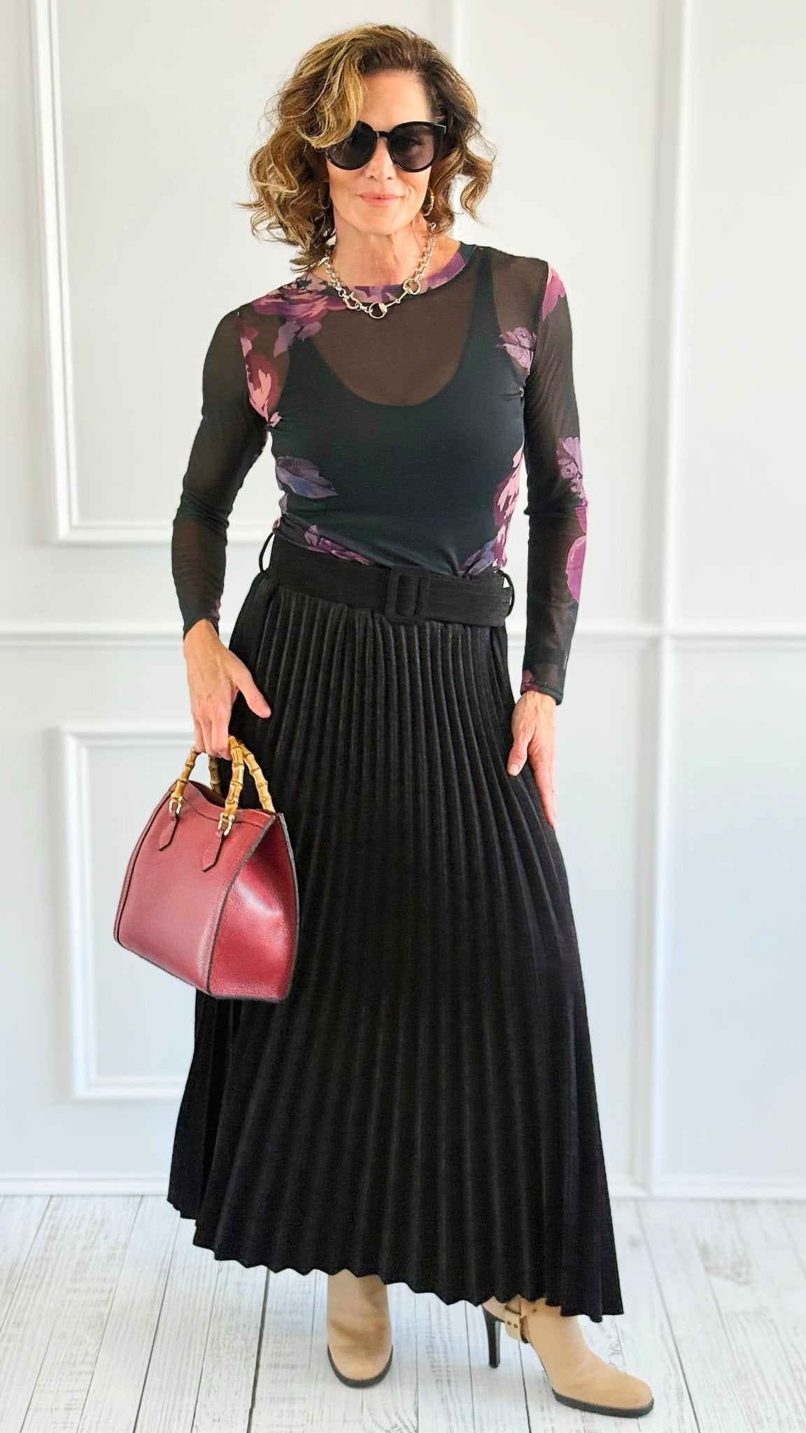 Velvet Pleated Italian Skirt- Black-170 Bottoms-AZUL MONACO-Coastal Bloom Boutique, find the trendiest versions of the popular styles and looks Located in Indialantic, FL