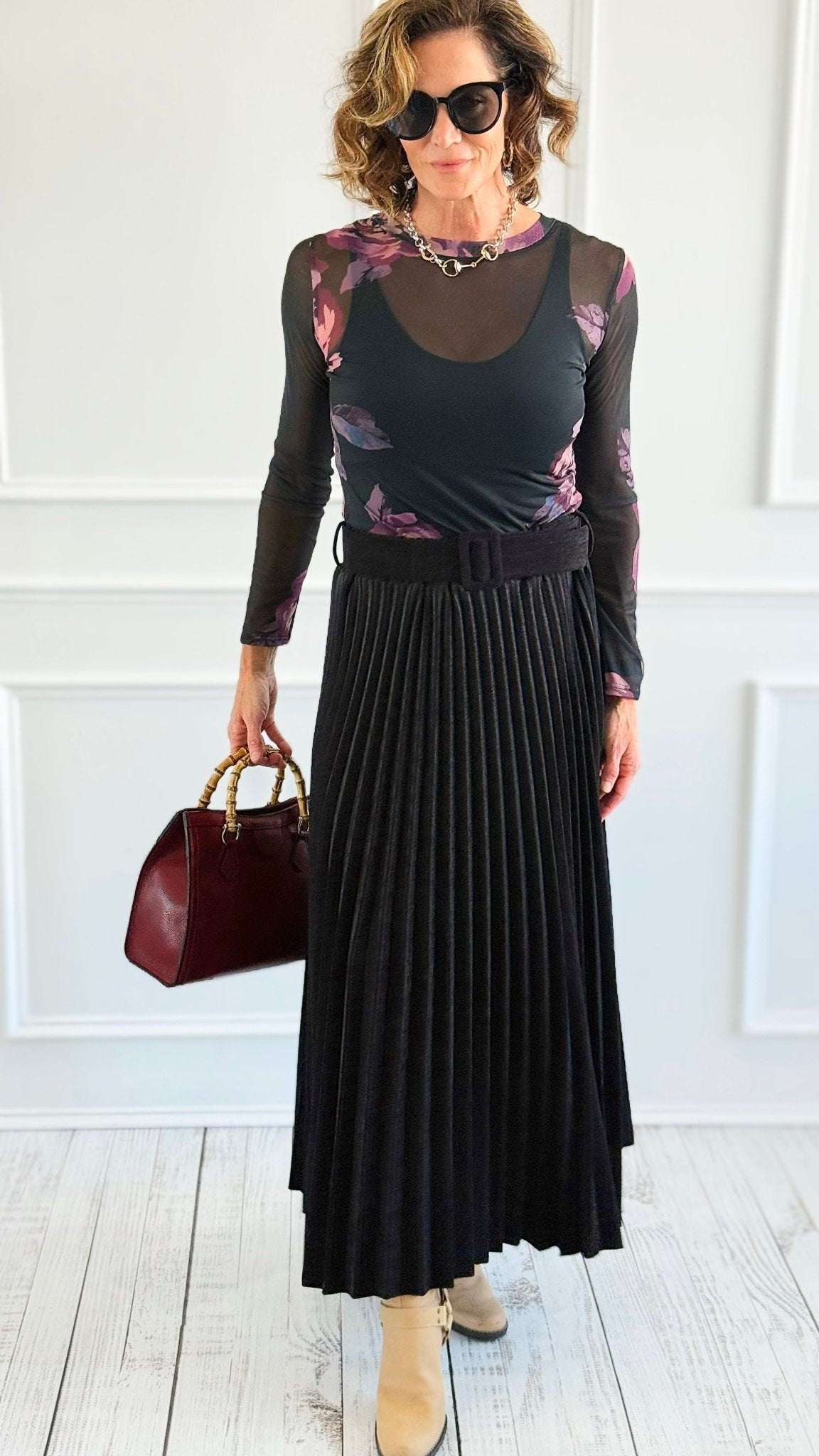 Velvet Pleated Italian Skirt- Black-170 Bottoms-AZUL MONACO-Coastal Bloom Boutique, find the trendiest versions of the popular styles and looks Located in Indialantic, FL