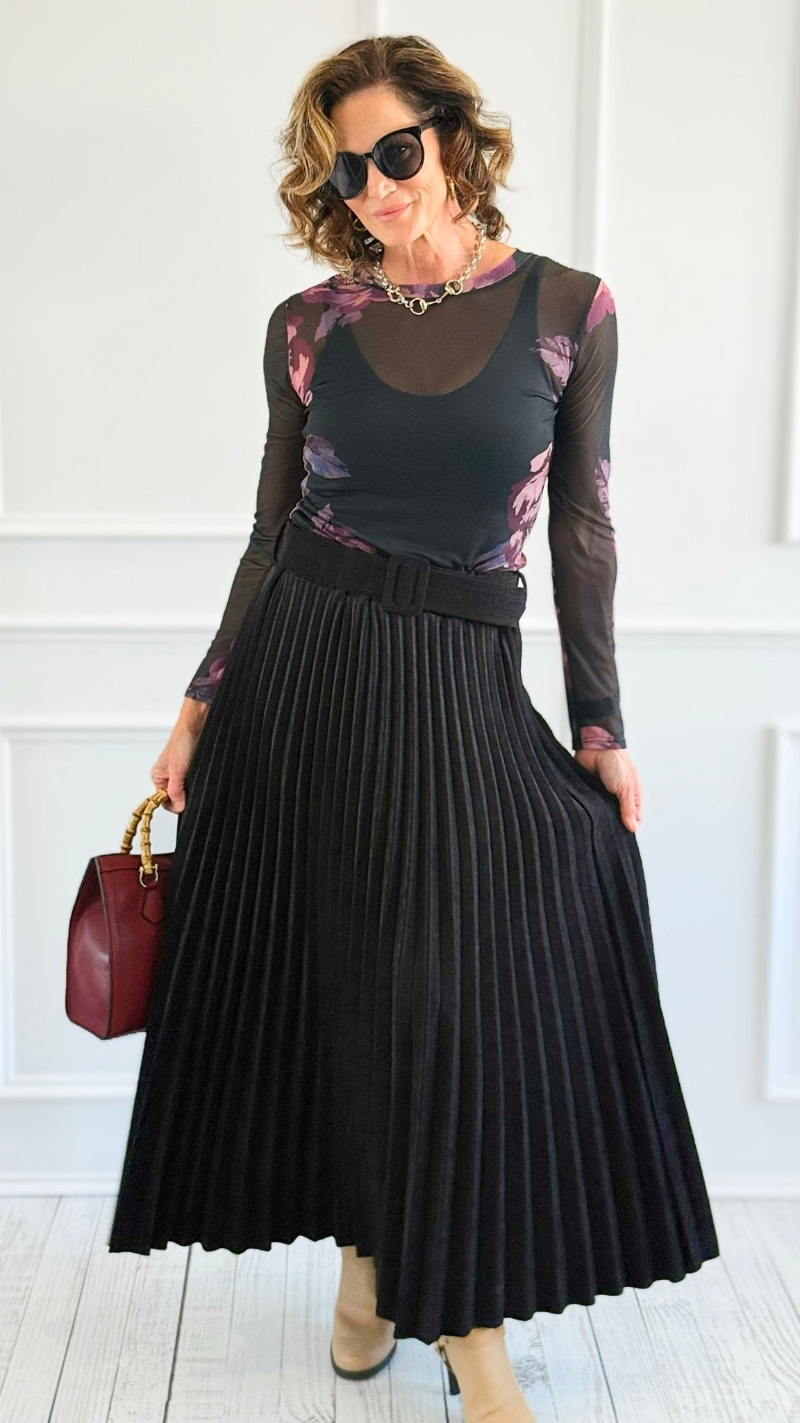 Velvet Pleated Italian Skirt- Black-170 Bottoms-AZUL MONACO-Coastal Bloom Boutique, find the trendiest versions of the popular styles and looks Located in Indialantic, FL