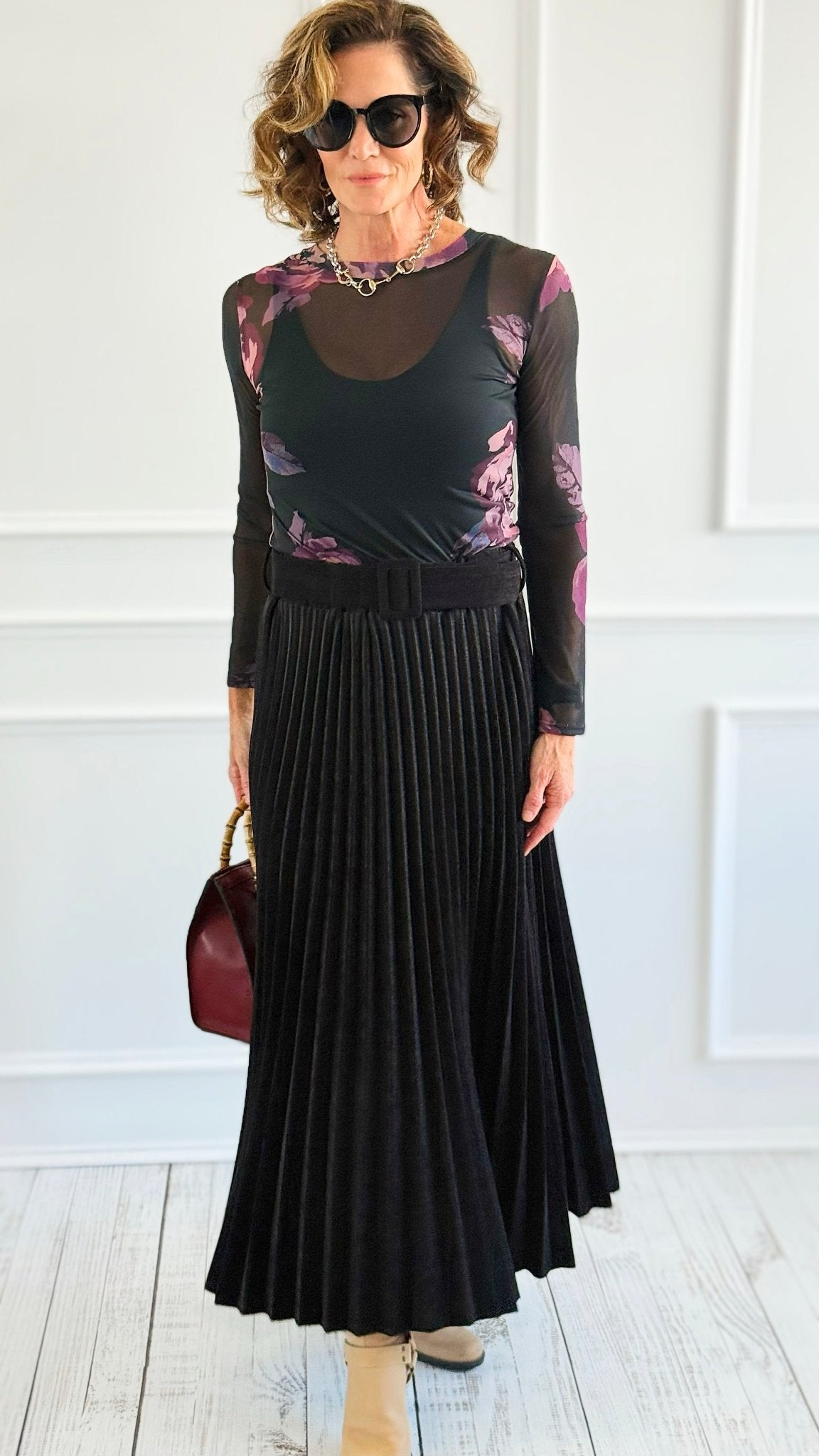 Velvet Pleated Italian Skirt- Black-170 Bottoms-AZUL MONACO-Coastal Bloom Boutique, find the trendiest versions of the popular styles and looks Located in Indialantic, FL