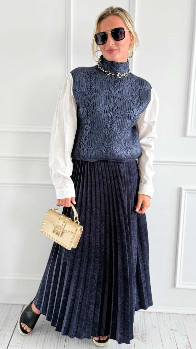 Velvet Pleated Italian Skirt- Navy-170 Bottoms-AZUL MONACO-Coastal Bloom Boutique, find the trendiest versions of the popular styles and looks Located in Indialantic, FL