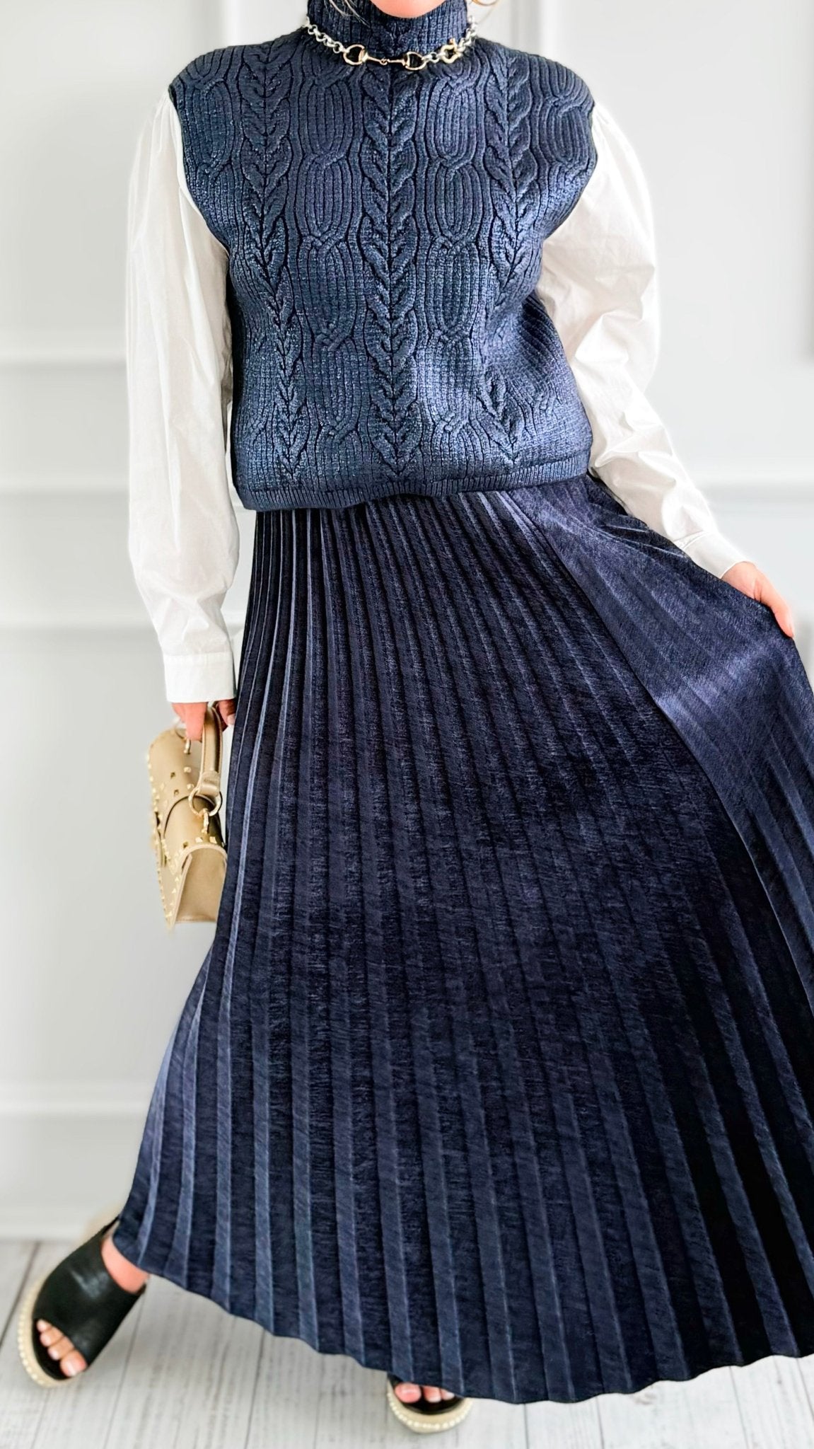 Velvet Pleated Italian Skirt- Navy-170 Bottoms-AZUL MONACO-Coastal Bloom Boutique, find the trendiest versions of the popular styles and looks Located in Indialantic, FL