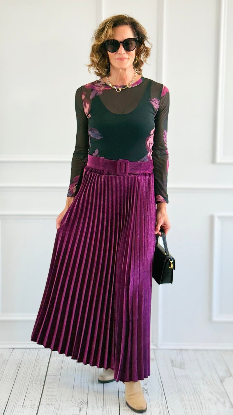 Velvet Pleated Italian Skirt- Plum-170 Bottoms-AZUL MONACO-Coastal Bloom Boutique, find the trendiest versions of the popular styles and looks Located in Indialantic, FL