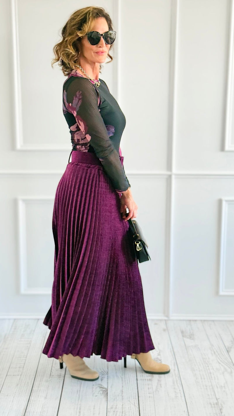 Velvet Pleated Italian Skirt- Plum-170 Bottoms-AZUL MONACO-Coastal Bloom Boutique, find the trendiest versions of the popular styles and looks Located in Indialantic, FL