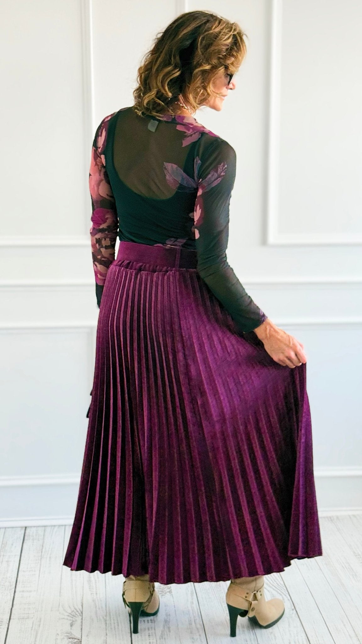 Velvet Pleated Italian Skirt- Plum-170 Bottoms-AZUL MONACO-Coastal Bloom Boutique, find the trendiest versions of the popular styles and looks Located in Indialantic, FL