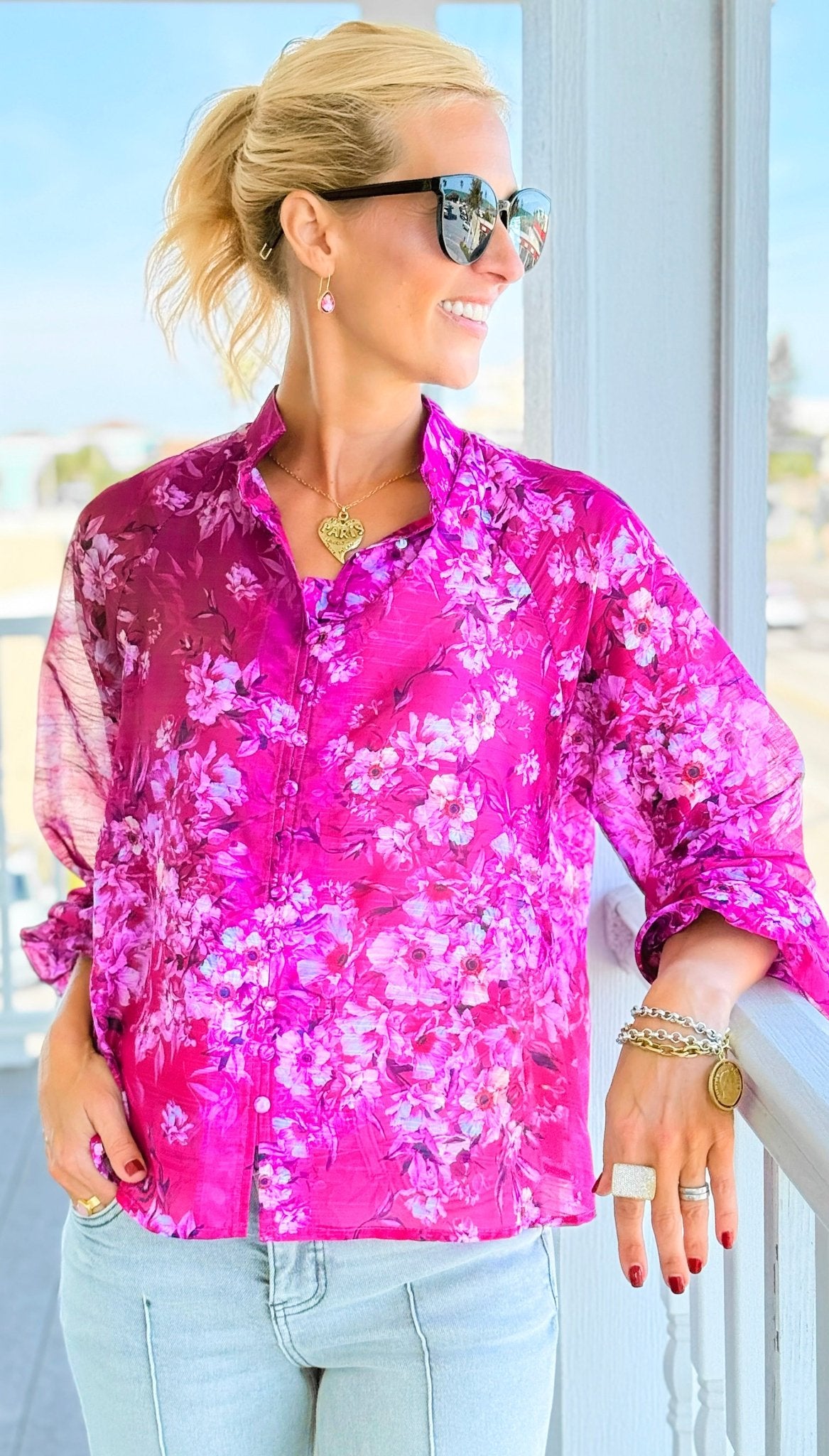 Violet Petals High Neck Top-130 Long Sleeve Tops-Umgee-Coastal Bloom Boutique, find the trendiest versions of the popular styles and looks Located in Indialantic, FL