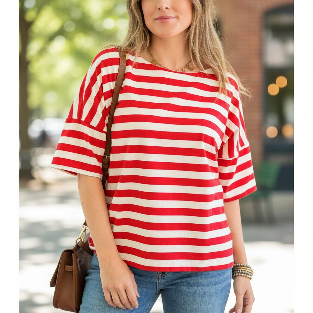 Classic Stripe Italian Short Sleeve Top- Red-110 short Sleeve Top-Italianissimo-Coastal Bloom Boutique, find the trendiest versions of the popular styles and looks Located in Indialantic, FL