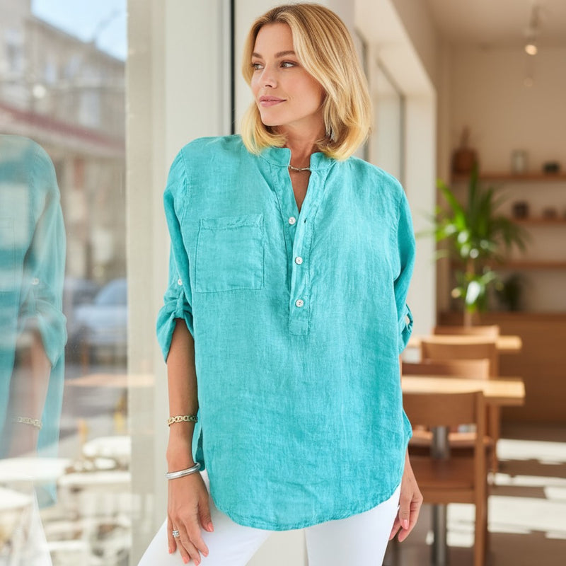 Button Linen Tunic Top - Green-130 Long Sleeve Set-Tempo-Coastal Bloom Boutique, find the trendiest versions of the popular styles and looks Located in Indialantic, FL