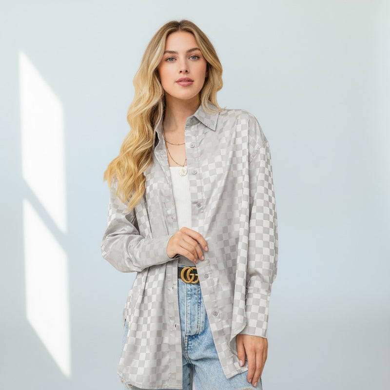 Checkmate Luxe Button Down Blouse-110 Long Sleeve Tops-Rousseau-Coastal Bloom Boutique, find the trendiest versions of the popular styles and looks Located in Indialantic, FL