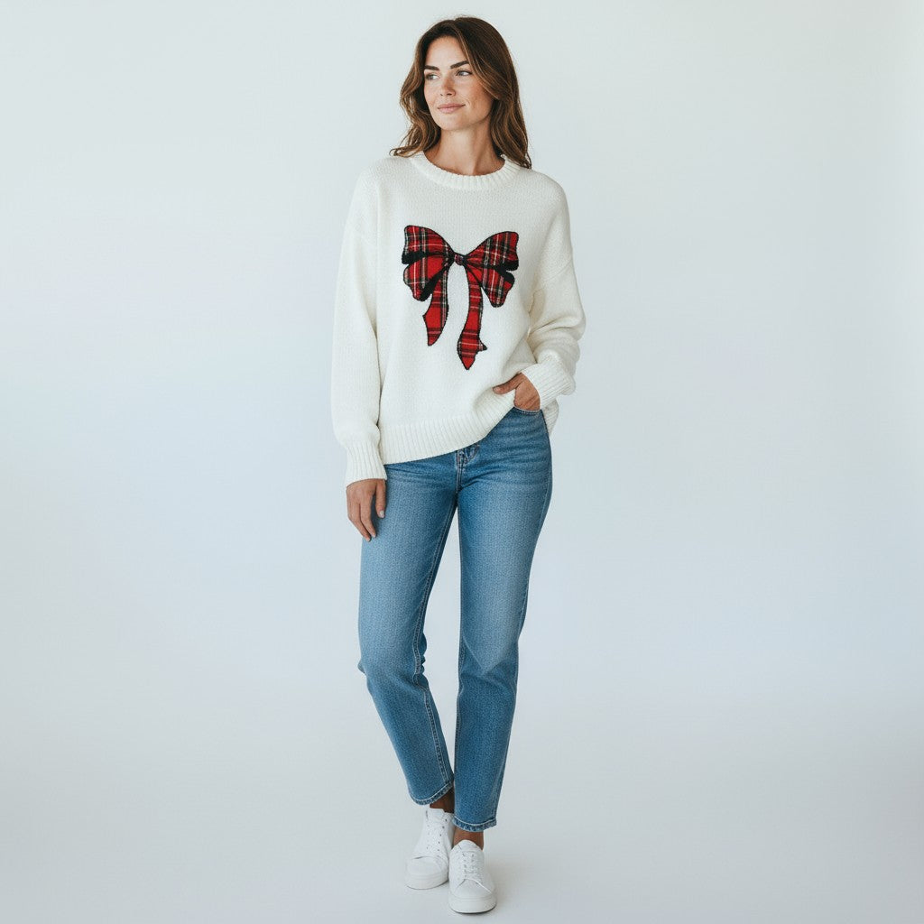 Holiday Keepsake Plaid Bow Knit-140 Sweaters-Dreamers-Coastal Bloom Boutique, find the trendiest versions of the popular styles and looks Located in Indialantic, FL