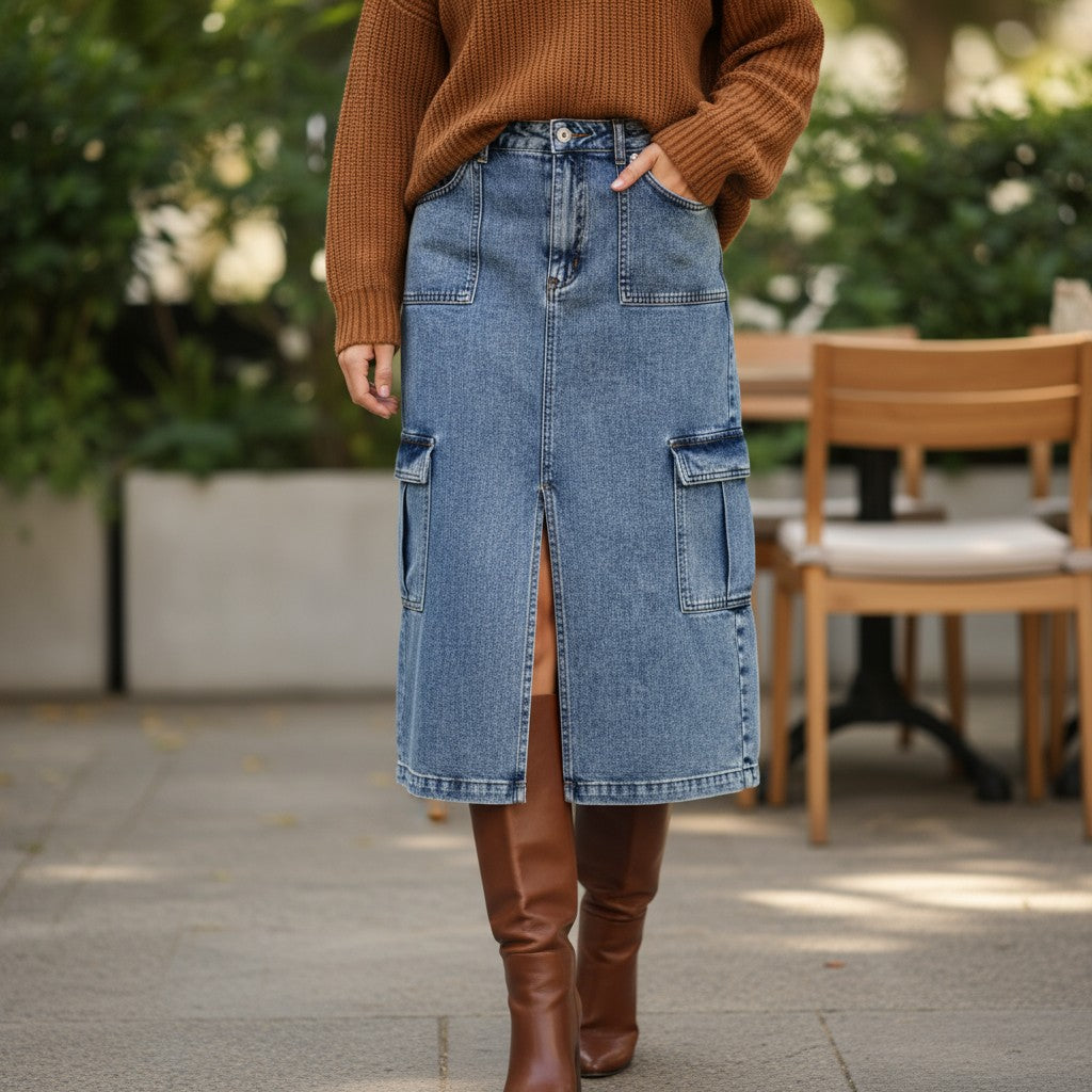 City Escape High Waist Denim Cargo Skirt - Denim-170 bottoms-White Birch-Coastal Bloom Boutique, find the trendiest versions of the popular styles and looks Located in Indialantic, FL