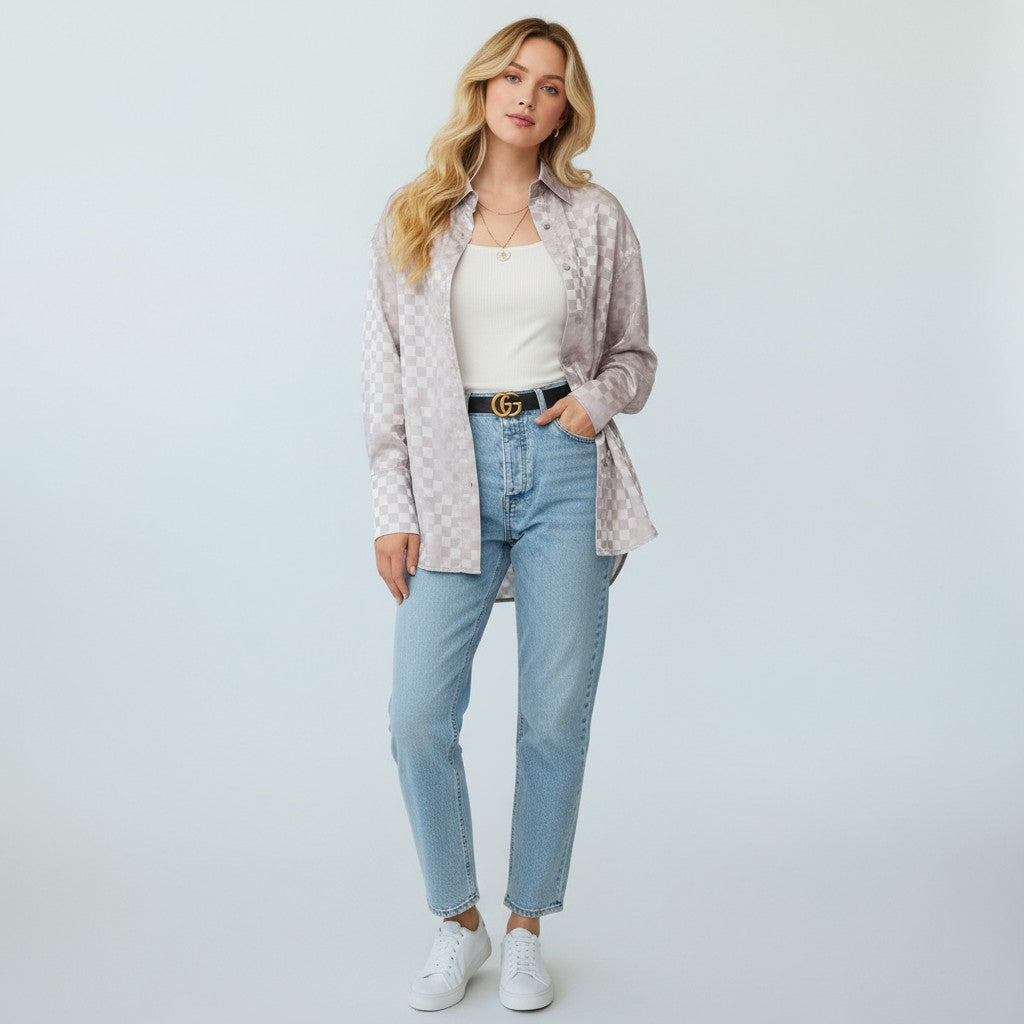Checkmate Luxe Button Down Blouse-110 Long Sleeve Tops-Rousseau-Coastal Bloom Boutique, find the trendiest versions of the popular styles and looks Located in Indialantic, FL