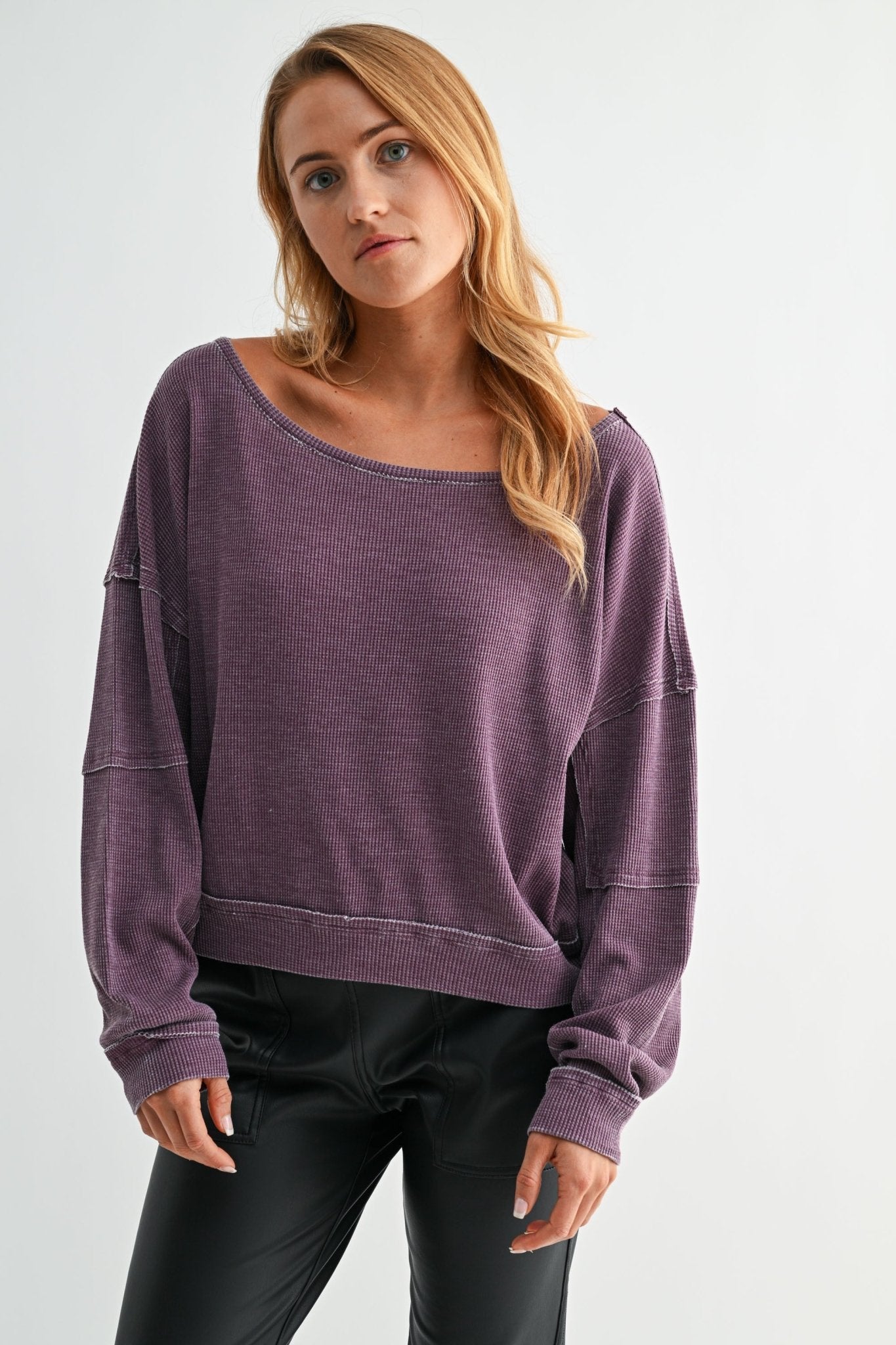 Waffle Knit Cropped Lounge Top - Dark Plum-110 Long Sleeve Tops-MONO B-Coastal Bloom Boutique, find the trendiest versions of the popular styles and looks Located in Indialantic, FL