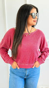 Waffle Knit Cropped Lounge Top - Garnet Red-110 Long Sleeve Tops-MONO B-Coastal Bloom Boutique, find the trendiest versions of the popular styles and looks Located in Indialantic, FL