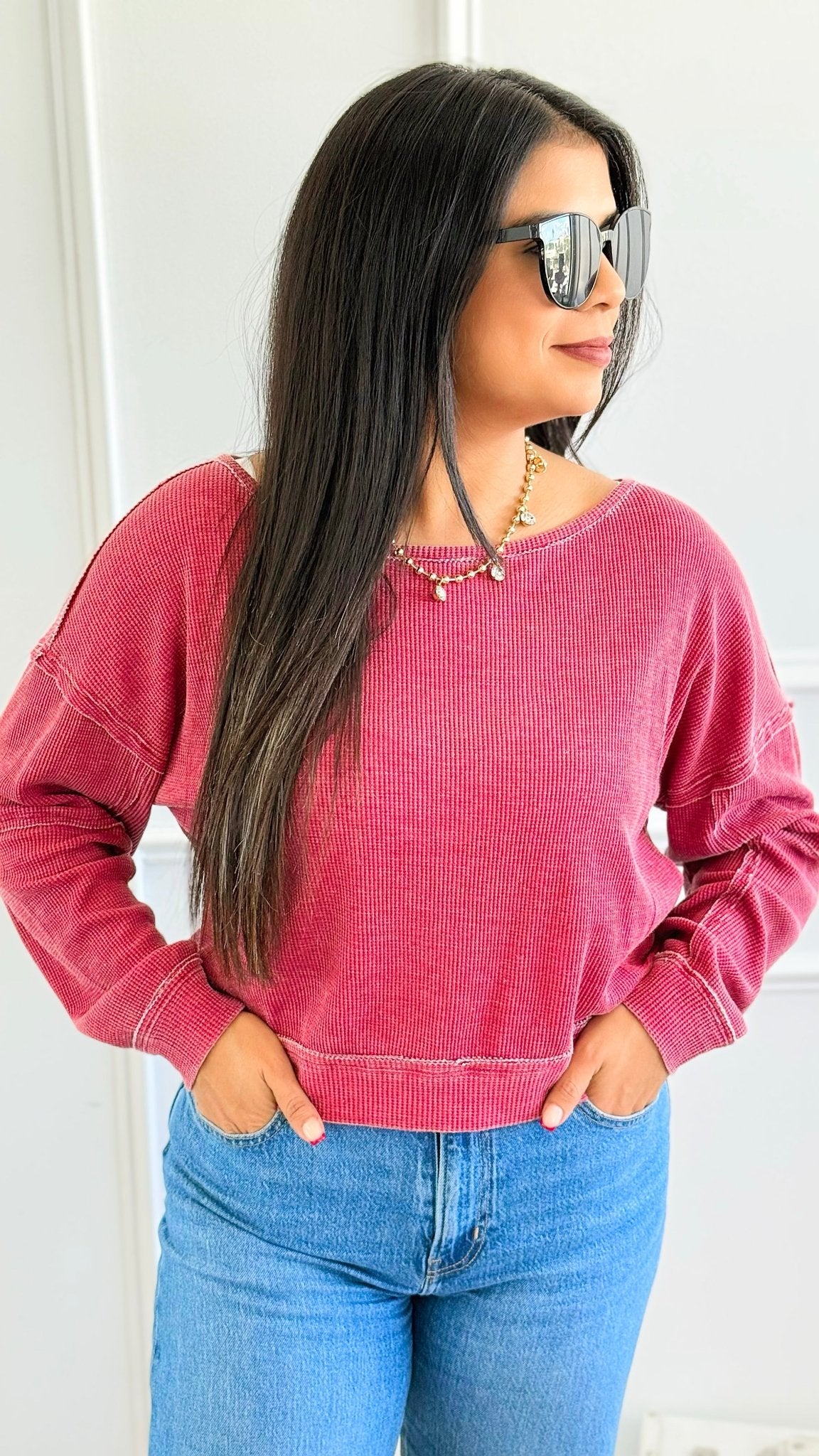 Waffle Knit Cropped Lounge Top - Garnet Red-110 Long Sleeve Tops-MONO B-Coastal Bloom Boutique, find the trendiest versions of the popular styles and looks Located in Indialantic, FL