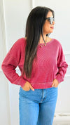 Waffle Knit Cropped Lounge Top - Garnet Red-110 Long Sleeve Tops-MONO B-Coastal Bloom Boutique, find the trendiest versions of the popular styles and looks Located in Indialantic, FL
