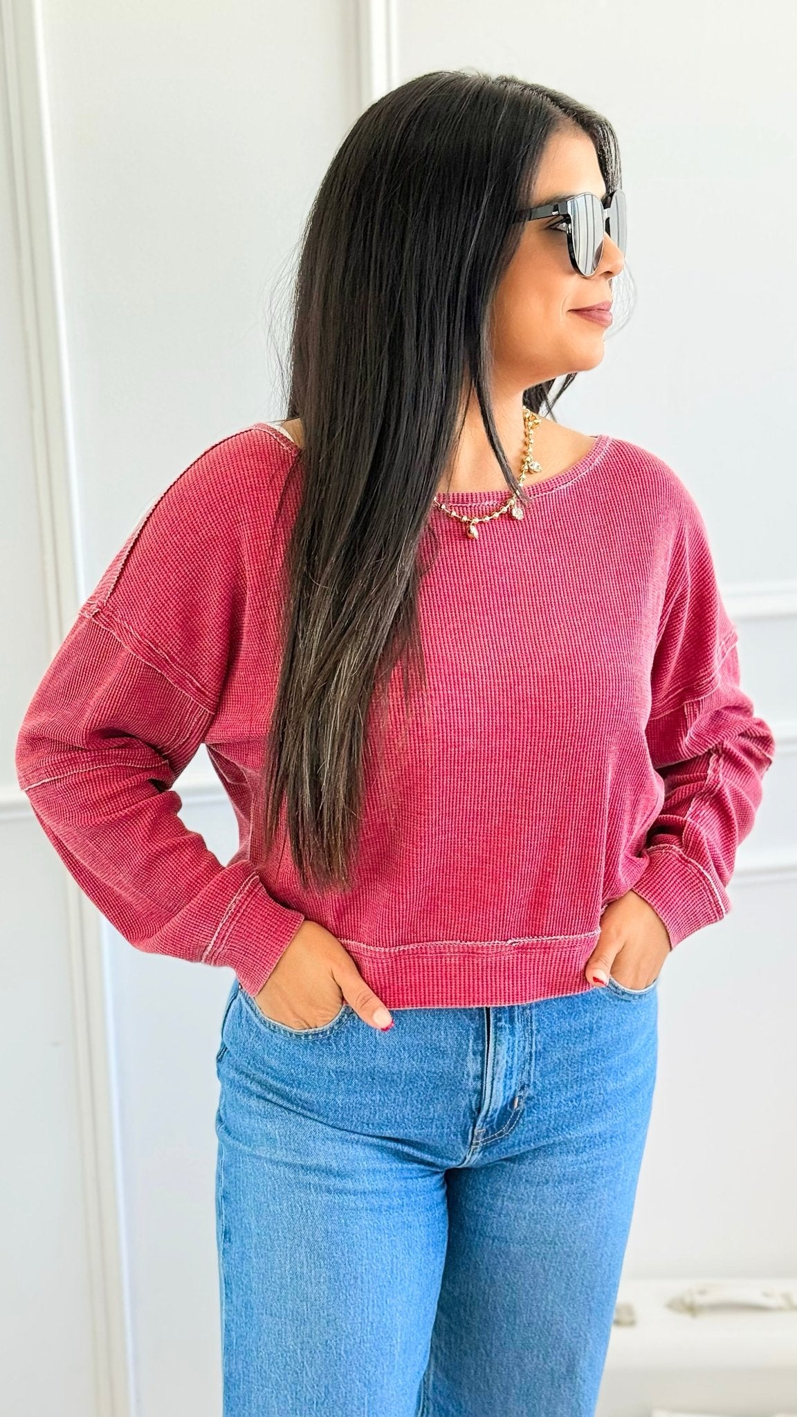 Waffle Knit Cropped Lounge Top - Garnet Red-110 Long Sleeve Tops-MONO B-Coastal Bloom Boutique, find the trendiest versions of the popular styles and looks Located in Indialantic, FL