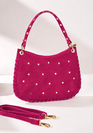 Wanderlust Studded Italian Suede Bag- Fuchsia
