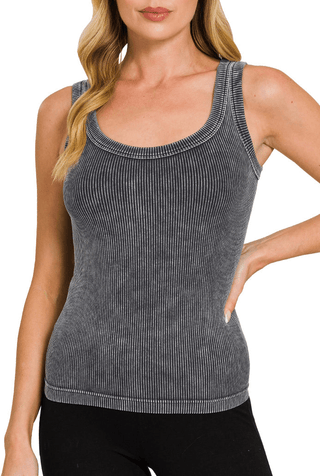Washed Ribbed Tank Top - Black
