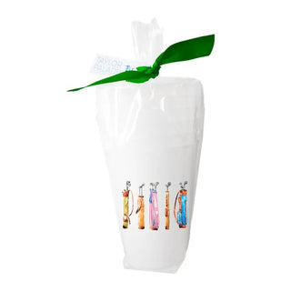 White vase with colorful designs and a green ribbon on a white background