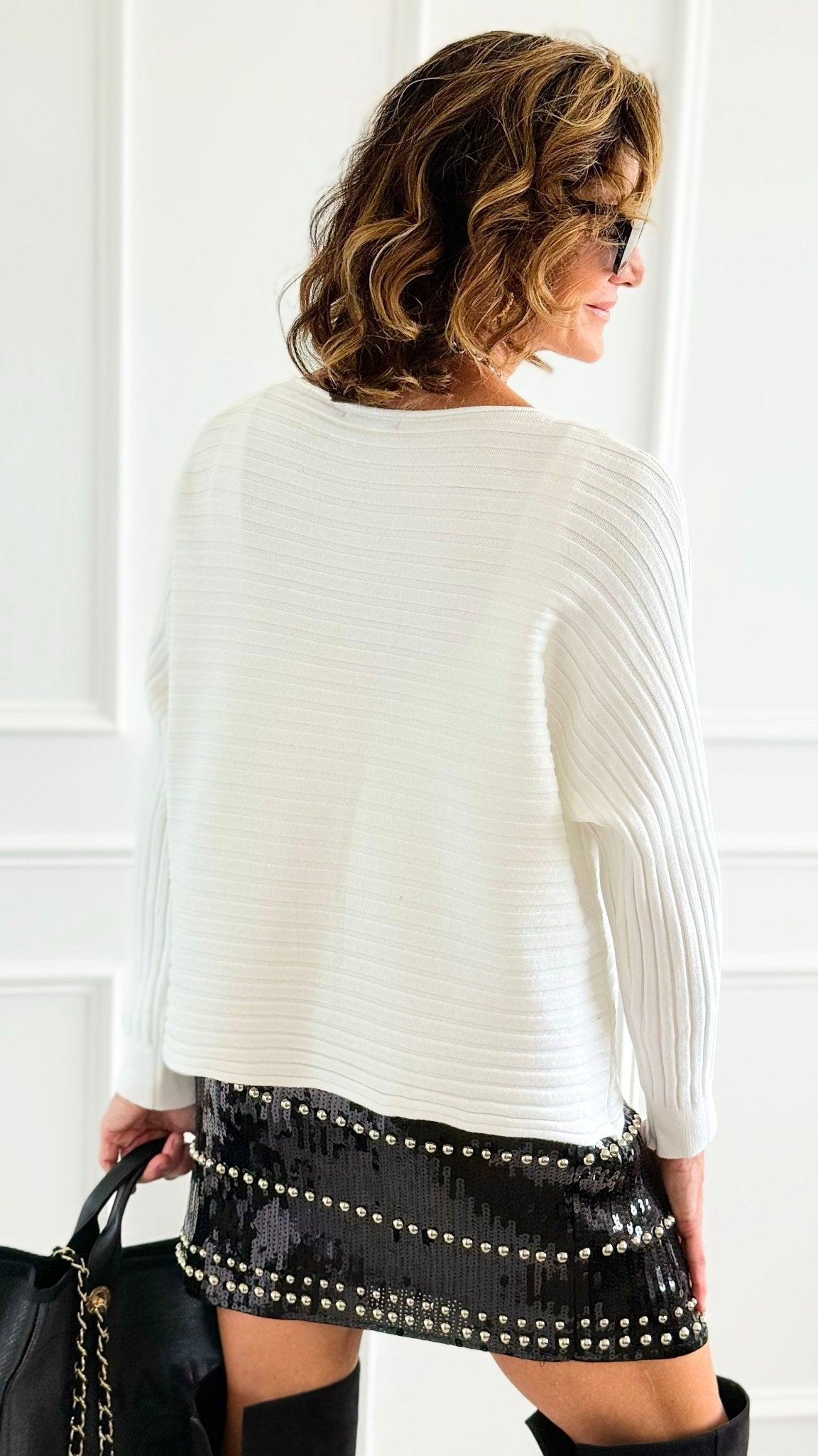 Wavy Lines Italian Pullover- White-140 Sweaters-Aute-Coastal Bloom Boutique, find the trendiest versions of the popular styles and looks Located in Indialantic, FL