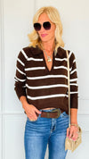 Weekend Club Striped Polo Sweater - Brown-140 Sweaters-LOVE TREE-Coastal Bloom Boutique, find the trendiest versions of the popular styles and looks Located in Indialantic, FL