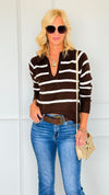 Weekend Club Striped Polo Sweater - Brown-140 Sweaters-LOVE TREE-Coastal Bloom Boutique, find the trendiest versions of the popular styles and looks Located in Indialantic, FL