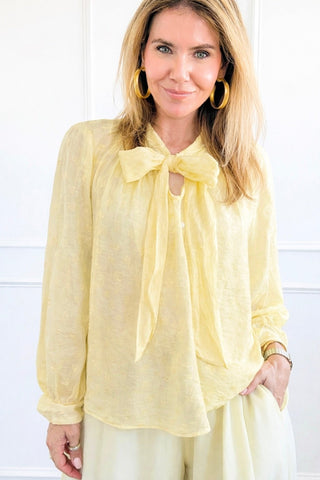 Whispered Romance Tie Neck Italian Top -Butter Yellow