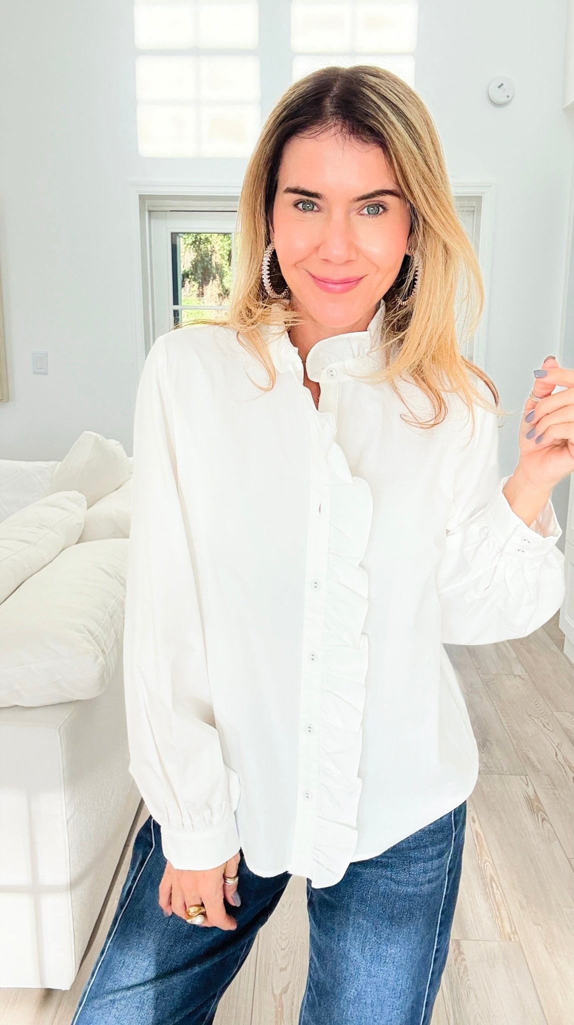 Whispered Ruffles Collared Top - Off White-130 Long Sleeve Tops-JODIFL-Coastal Bloom Boutique, find the trendiest versions of the popular styles and looks Located in Indialantic, FL