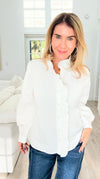 Whispered Ruffles Collared Top - Off White-130 Long Sleeve Tops-JODIFL-Coastal Bloom Boutique, find the trendiest versions of the popular styles and looks Located in Indialantic, FL