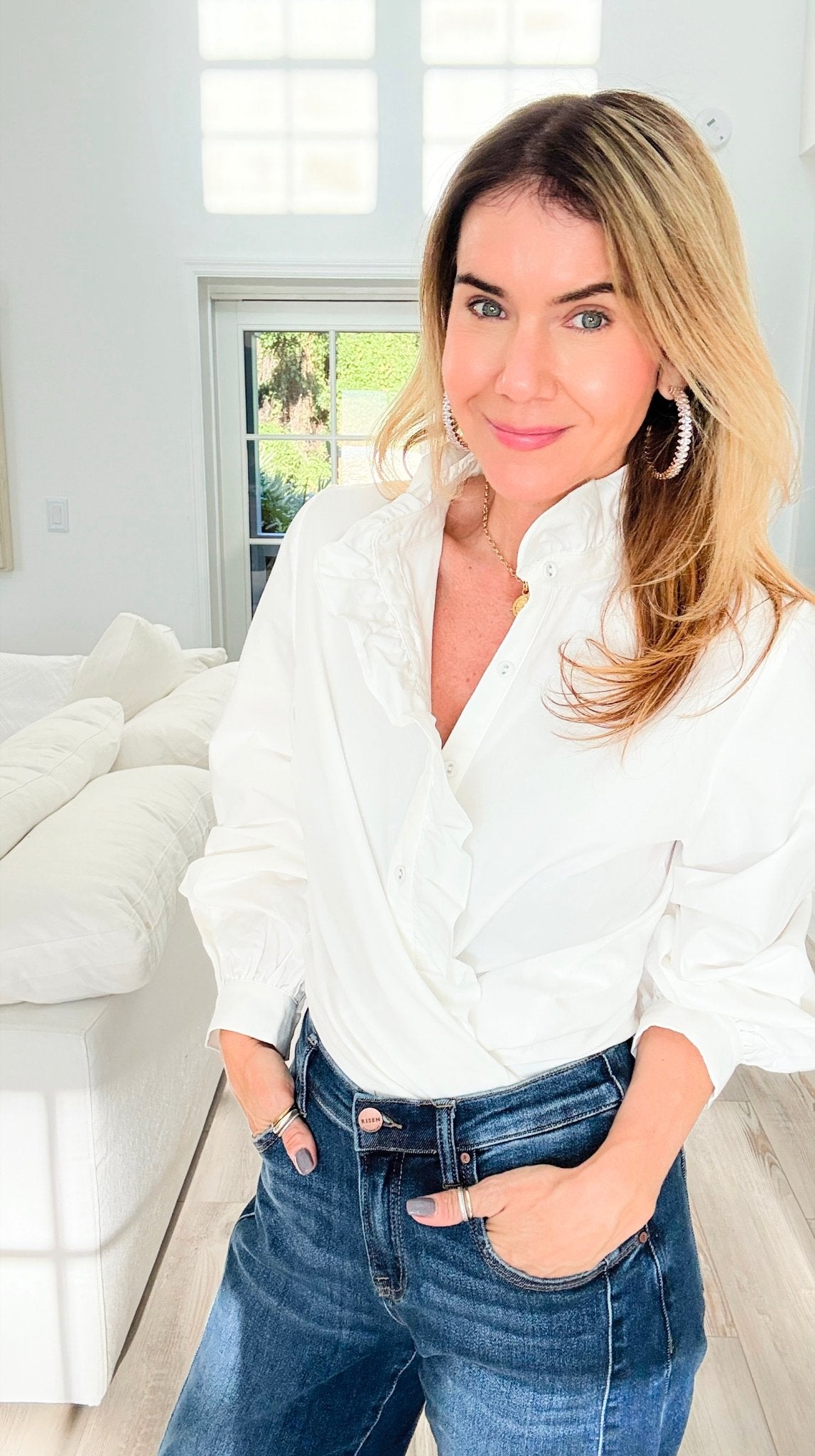 Whispered Ruffles Collared Top - Off White-130 Long Sleeve Tops-JODIFL-Coastal Bloom Boutique, find the trendiest versions of the popular styles and looks Located in Indialantic, FL