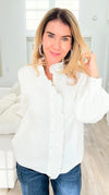 Whispered Ruffles Collared Top - Off White-130 Long Sleeve Tops-JODIFL-Coastal Bloom Boutique, find the trendiest versions of the popular styles and looks Located in Indialantic, FL