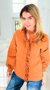 Whispered Ruffles Collared Top - Toffee-130 Long Sleeve Tops-JODIFL-Coastal Bloom Boutique, find the trendiest versions of the popular styles and looks Located in Indialantic, FL
