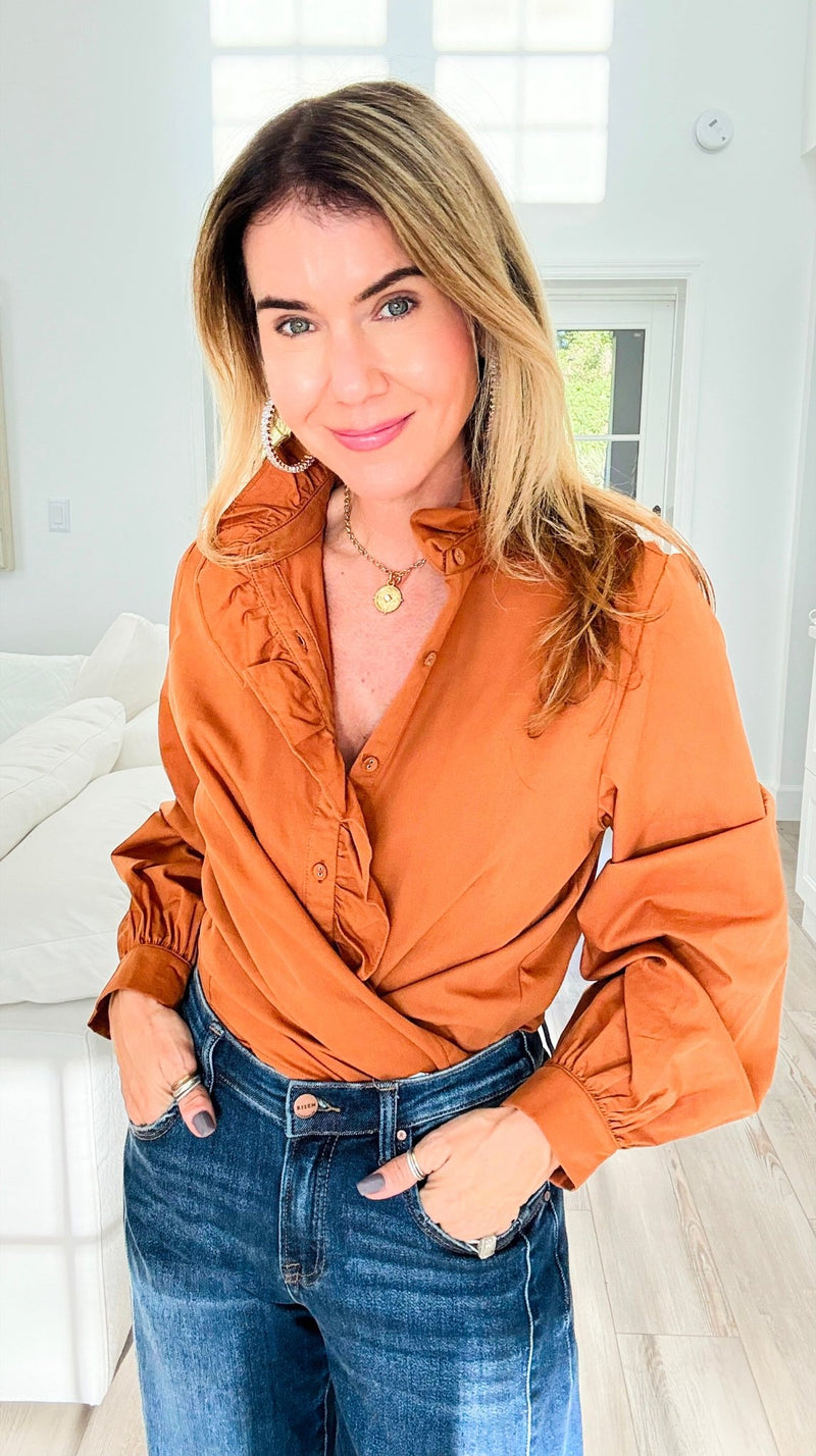 Whispered Ruffles Collared Top - Toffee-130 Long Sleeve Tops-JODIFL-Coastal Bloom Boutique, find the trendiest versions of the popular styles and looks Located in Indialantic, FL