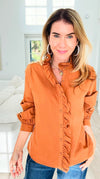 Whispered Ruffles Collared Top - Toffee-130 Long Sleeve Tops-JODIFL-Coastal Bloom Boutique, find the trendiest versions of the popular styles and looks Located in Indialantic, FL