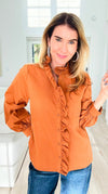 Whispered Ruffles Collared Top - Toffee-130 Long Sleeve Tops-JODIFL-Coastal Bloom Boutique, find the trendiest versions of the popular styles and looks Located in Indialantic, FL