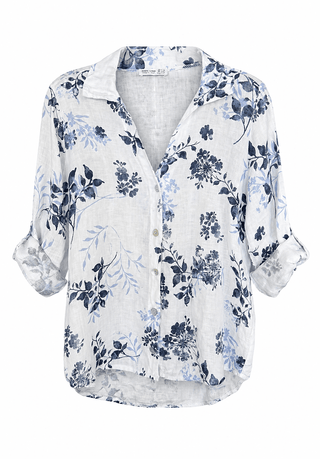 Whispering Petals Linen Italian Button Top- White