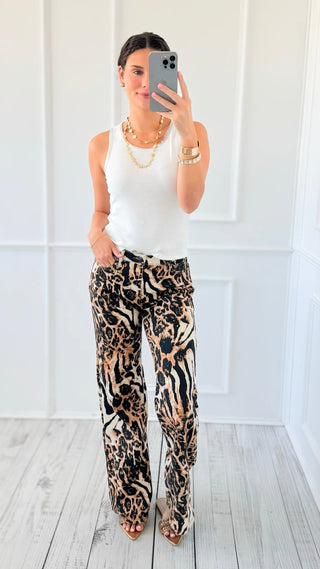 Wide Leg Safari Print Denim Pants