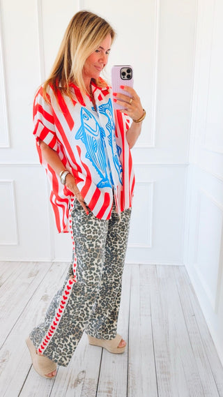 Wild Leopard Print Wide Leg Pants - Red Heart