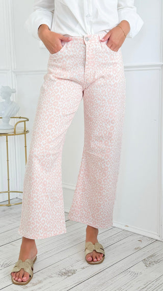 Wild Side Leopard Barrel Leg Crop Jean - PInk