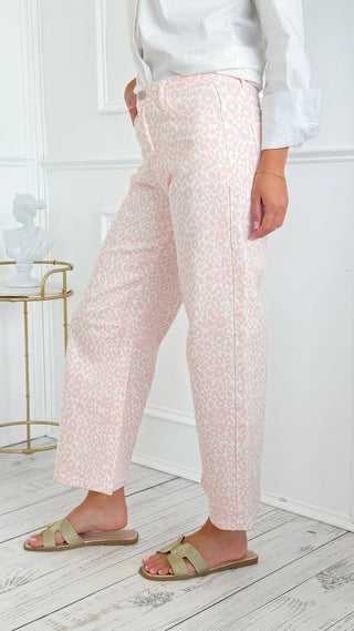 Wild Side Leopard Barrel Leg Crop Jean - PInk